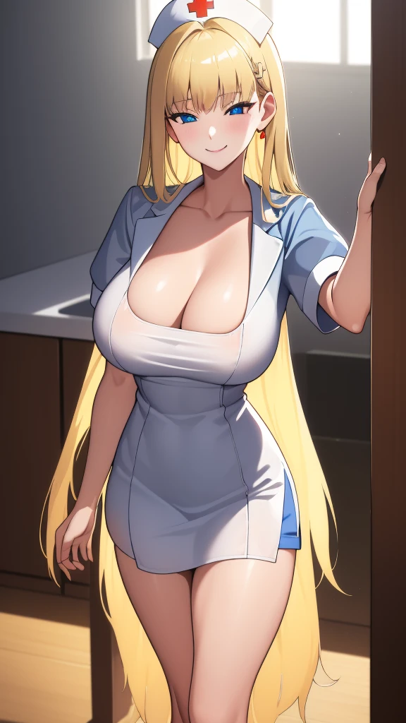 (Best Quality:1.5, High resolution, HD, 4k, detailed lighting, Shaders, perfect hand anatomy), straight blonde hair, busty, nurse costume, neckline, thighs, smiling, to throw, shooting they seek, standing, Hospital history