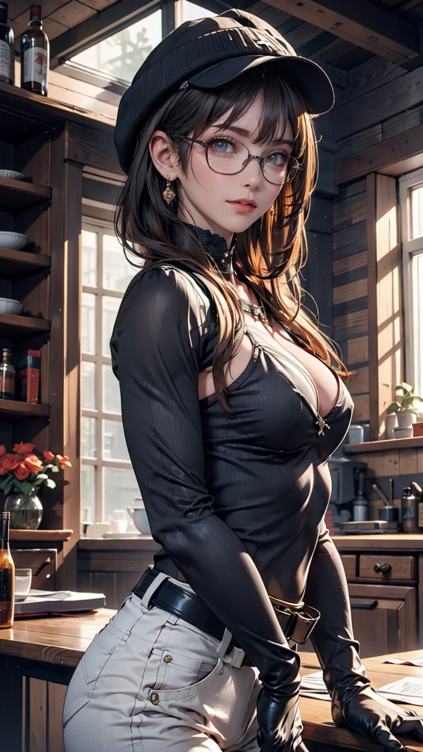 masterpiece, High quality CG, anime, figure, Highest quality, One person, bound, bondage, Beautiful Face, Detailed face, Cowboy Shot, Tokkebi, One person, alone, View your viewers, Black Hair, Braiding, Glasses, Black gloves, belt, pants, Iris, twin Braidings, Striped Hair, Black Hat, Bodysuits, black pants, 丸いGlasses, black Bodysuits, Beanie, Hair behind the ear,