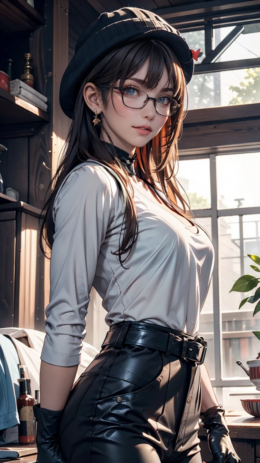 masterpiece, High quality CG, anime, figure, Highest quality, One person, bound, bondage, Beautiful Face, Detailed face, Cowboy Shot, Tokkebi, One person, alone, View your viewers, Black Hair, Braiding, Glasses, Black gloves, belt, pants, Iris, twin Braidings, Striped Hair, Black Hat, Bodysuits, black pants, 丸いGlasses, black Bodysuits, Beanie, Hair behind the ear,
