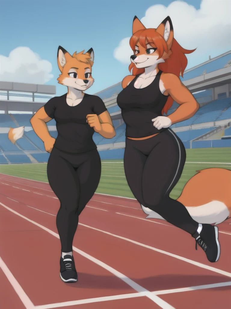 Furry, fox, female, black shirt, black leggings, shoes, running track, friends, full body