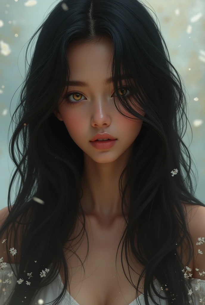 Create the image of a  girl with long wavy black hair, dark skin and honey-colored eyes, thin and angelic face 