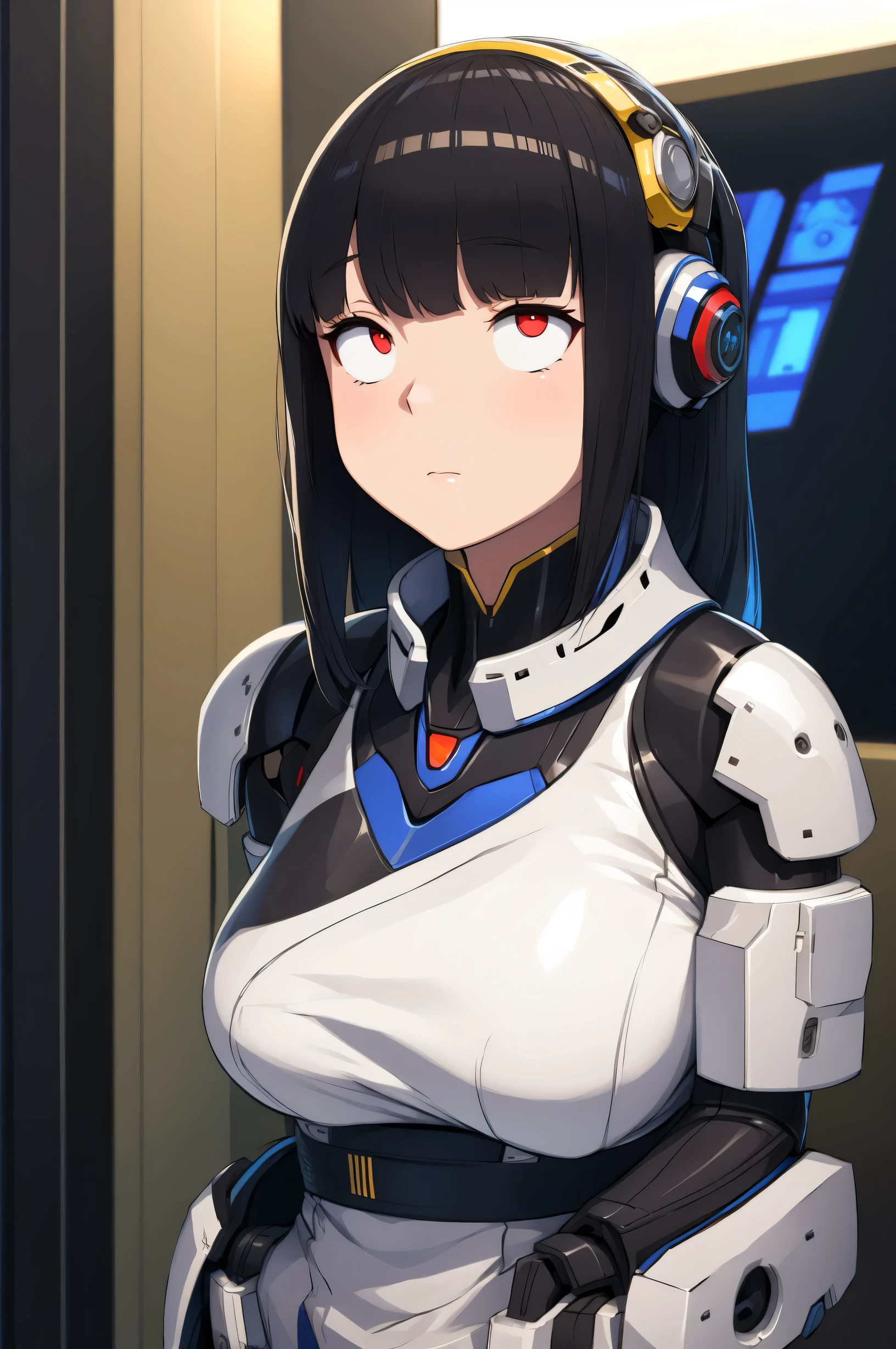 masterpiece, best quality, extremely detailed, Japaese android girl,portrait,Plump,a bit chubby,control panels,android,Droid,Mechanical Hand, Robot arms and legs, Black hair,Blunt bangs,perfect robot girl,long tube,thick cable connected her neck,android,robot,humanoid,cyborg,japanese cyborg girl ,robot-assembly plant,She is assembling now,assembly scene,rolling eyes,chest monitor,rolling eyes,red eyes