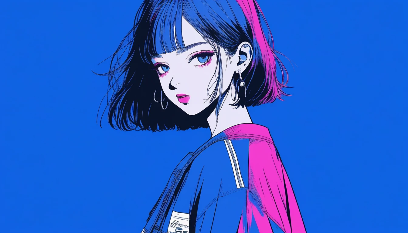 Illustrator, anime , Realistic ,sketch , 1 Adult female, lip, nail、T-shirt,order,Textured Trim, (masterpiece,Highest quality) Blue background, neonヘア,Textured Trim, Canadian, (masterpiece,Highest quality) Cancer,night、neon、intersection、Vision、Dark Eyes、night、