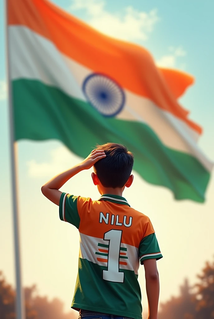  A 15 years old boy salutes the national flag of Bharat and he is wearing a shirt print is like Bharat flag and ” NILU ” and 1 number and republic day in small written on it’s back in big and bold fonts, 3d illustration.