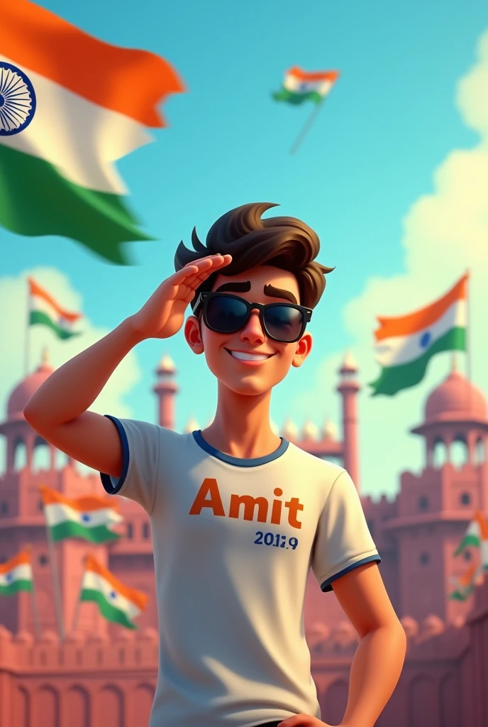 Make a 19 year's handsome animated
Men ,character who's name is Amit" and he celebrate independence day in red fort and he salute to indian flag write the name Amit,, on his t shirt and he wear a a sun glass and salute to indian flag and many indian flag fly around back and size according to whatsApp dp