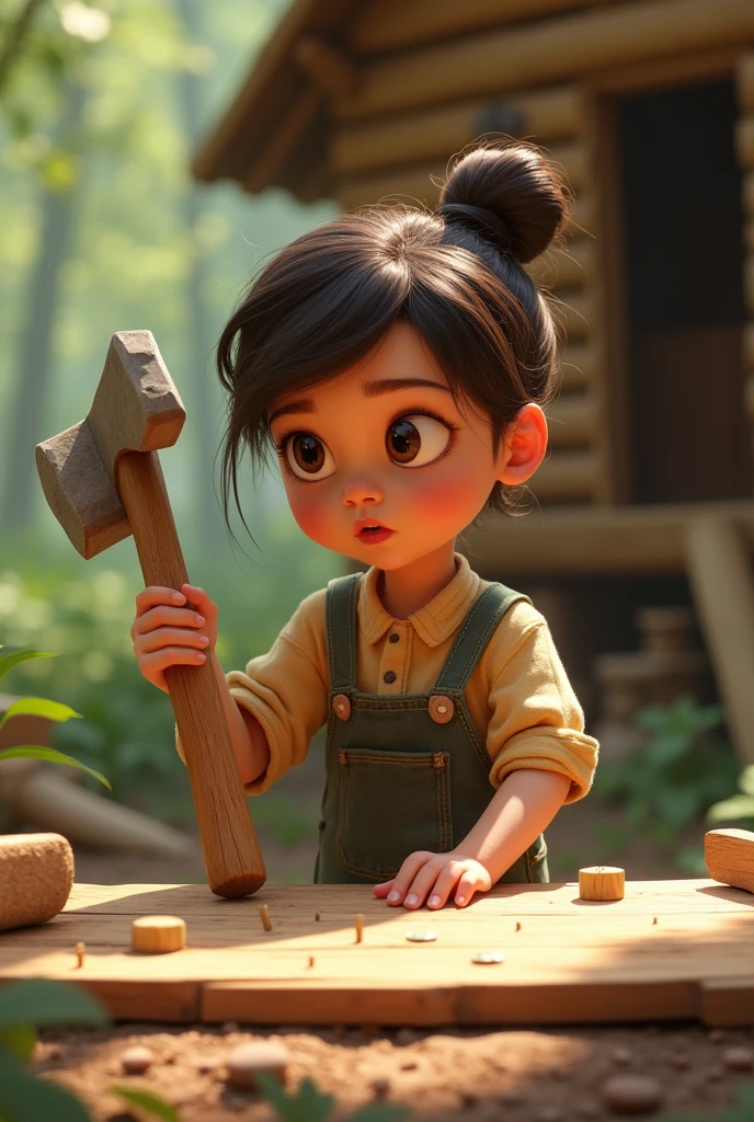 Using a Hammer:
Prompt: "The young girl using a hammer to drive nails into a wooden plank, with a look of concentration on her face. The partially built treehouse is visible in the background."