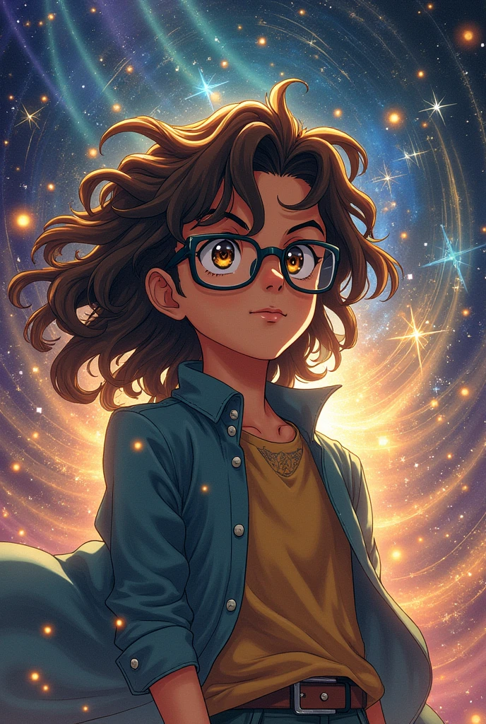 jojo's . 14 year old boy,Male gender long brown hair,brown eyes and wears glasses,full body stars around him