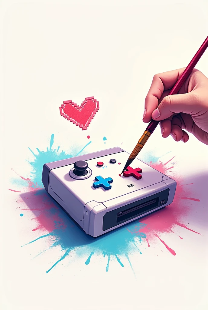 A banner showing a paintbrush painting a sketch of a controller and a video game console separately along with a pixelated heart with a minimalist theme