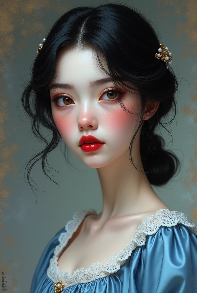 Princess with hair as black as night, lips red as blood, sharp nose, bushy eyebrows, brown dark eyes, Round face, Pele branca como a neve, shoulder length hair, wearing blue dress with white.