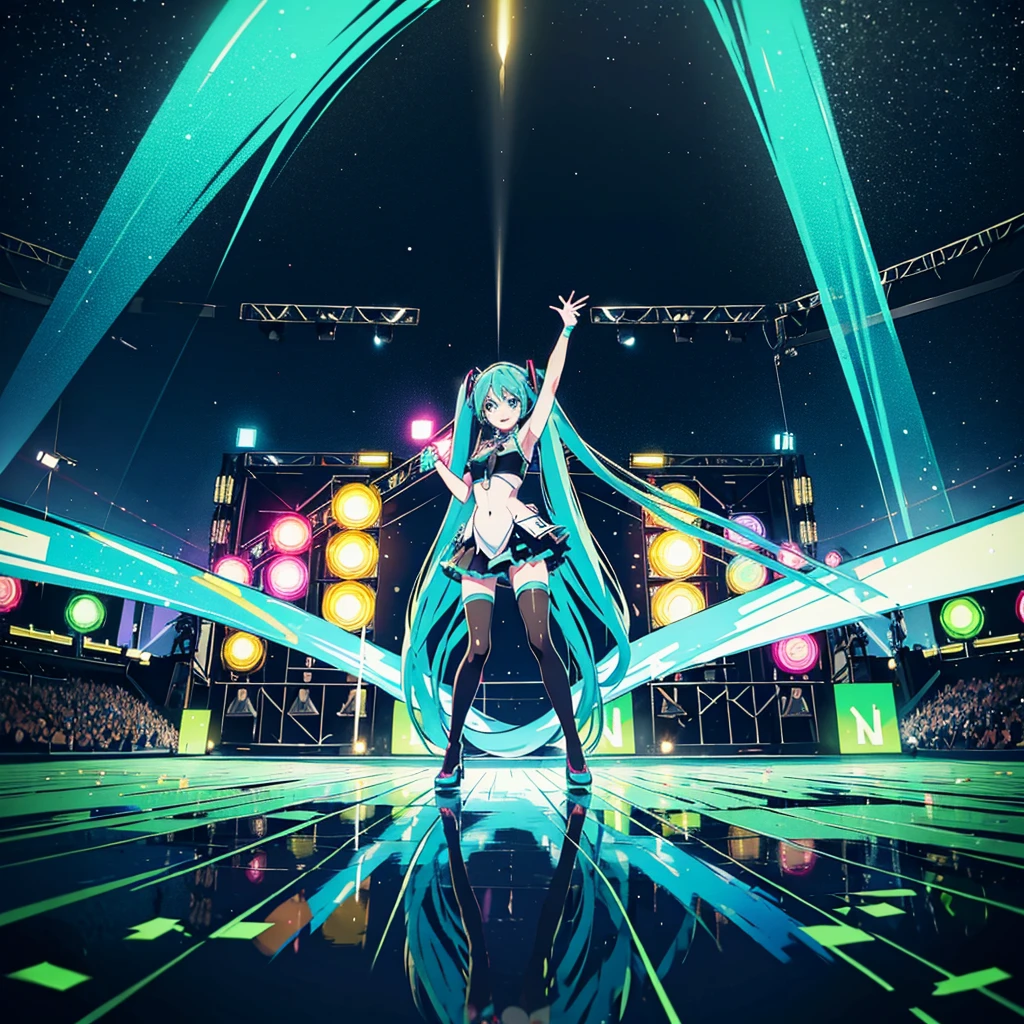 Hatsune Miku singing and dancing at a concert, stage, lights, horizontal view, fanatical fans in the distance holding light signs and glow sticks, bright picture, bright background, panoramic view, full body