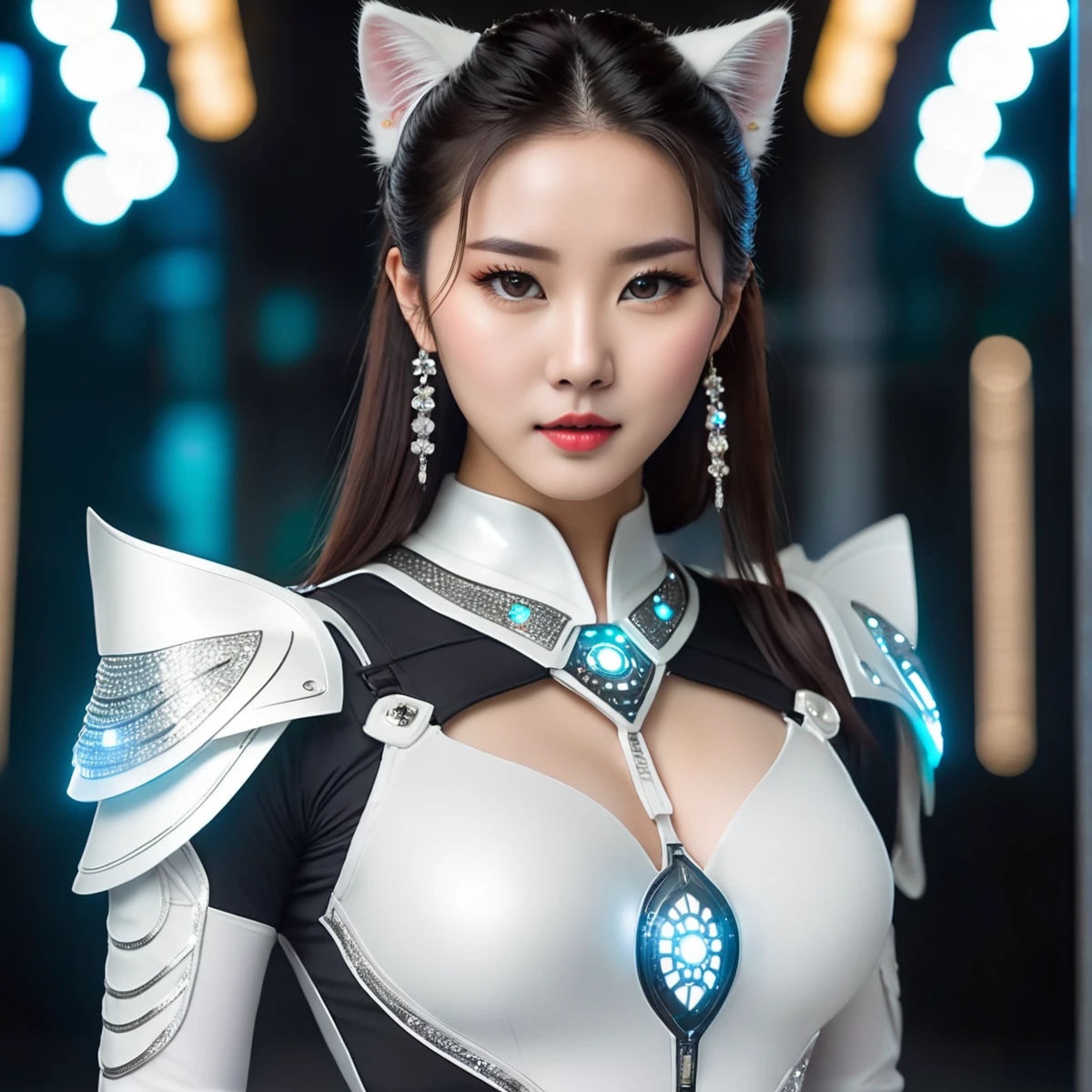 Asia Woman Cute,
Ethnicity China,
White skin,
Solo,
Production Realistic,
((Portrait)),
Best Picture Quality,
Highest Resolution,
8k,
((A half-length photo)),
(Rule of thirds),
(girl from the future),
(18 year old young),
(Traditional Asian hairstyle),
(Hair color black),
(big breasts),
(eye shadow),
Make her looking at viewer,
Elegant and charming,
((cyber punk),
white cat costume bodysuit,
A set full of power of the future,
The clothes were decorated with diamonds and shiny symbols),
in the style of future,
photo poses,
neon lamp