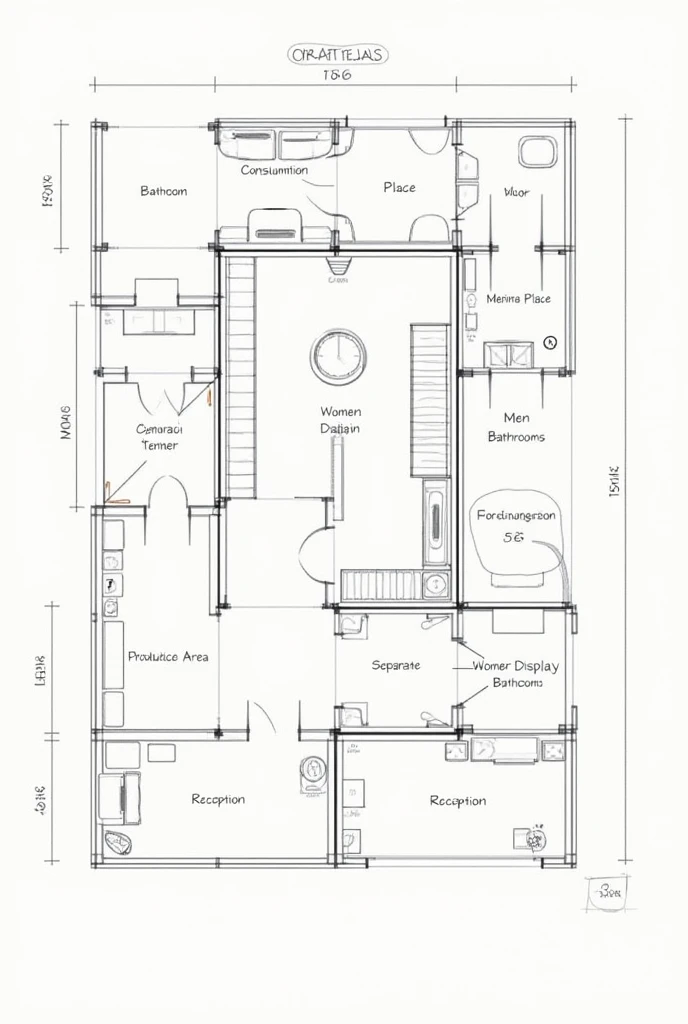 IMAGE OF A SKETCH OF THE AREA OF MY CHOCOTEJAS BUSINESS, THAT HAS A CONSUMPTION PLACE, WOMEN'S AND MEN'S BATHROOM, PRODUCT DISPLAY AREA, PRODUCTION AREA, RECEPTION OF PRODUCTS
