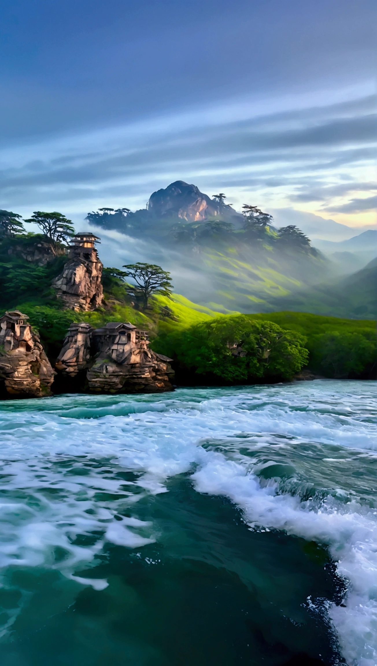 Fairy Mountain, shrouded in clouds, there is light on the mountain