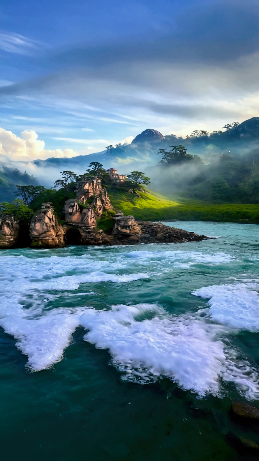 Fairy Mountain, shrouded in clouds, there is light on the mountain