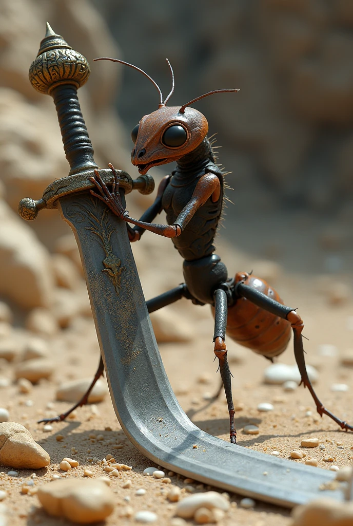 A longsword is lying on the ground、An anthropomorphic ant clinging to the hilt of a longsword、Desperate