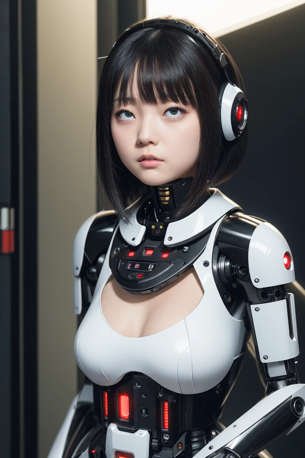 masterpiece, best quality, extremely detailed, Japaese android girl,portrait,Plump,a bit chubby,control panels,android,Droid,Mechanical Hand, Robot arms and legs, Black hair,Blunt bangs,perfect robot girl,long tube,thick cable connected her neck,android,robot,humanoid,cyborg,japanese cyborg girl ,robot-assembly plant,She is assembling now,assembly scene,rolling eyes,chest monitor,rolling eyes,red eyes