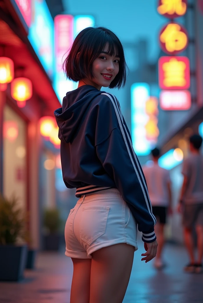 (((Backwards:2.0, Face your buttocks towards the camera:2.0, Accentuate your butt:2.0, Standing posture:2.0))), (((Clothing:2.0, Track jacket:1.8, white track shorts:2.0, sneakers:1.8))), ((Streetscape:1.5)), 1 Girl, solo, ((Short Hair:1.2, A grin:1.2)), 18-year-old, 7 heads, Ideal body proportions, Black Hair, With bangs, Small breasts, slender, Small Ass, Beautiful feet, Skinny Legs, Surrealism, Cinematic Lighting, Depth of written boundary, First Person View,  F/1.8, 135mm, Ticker, Mastepiece, Curate, ((Anatomically correct:1.3)), Textured skin, Super Detail, High detail, High quality, Awards, Best Quality, High resolution, 8K