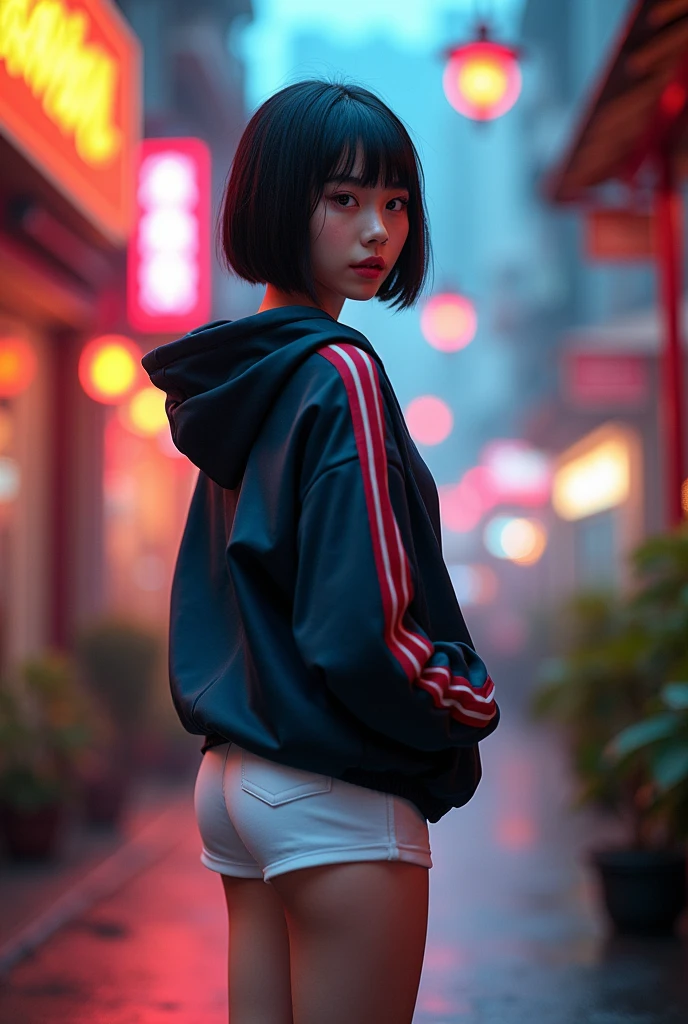 (((Backwards:2.0, Face your buttocks towards the camera:2.0, Accentuate your butt:2.0, Standing posture:2.0))), (((Clothing:2.0, Track jacket:1.8, white track shorts:2.0, sneakers:1.8))), ((Streetscape:1.5)), 1 Girl, solo, ((Short Hair:1.2, A grin:1.2)), 18-year-old, 7 heads, Ideal body proportions, Black Hair, With bangs, Small breasts, slender, Small Ass, Beautiful feet, Skinny Legs, Surrealism, Cinematic Lighting, Depth of written boundary, First Person View, F/1.8, 135mm, Ticker, Mastepiece, Curate, ((Anatomically correct:1.3)), Textured skin, Super Detail, High detail, High quality, Awards, Best Quality, High resolution, 8K