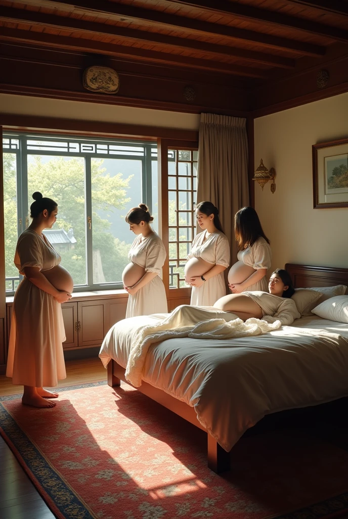 Sense of lens,Chinese ancient style house,Main house master bedroom,Pregnant woman lying on bed,Surrounded by several busy midwives,Detailed description of interior decoration,Movie quality,Movie storyboard,8k,Ultra-clear,Hyperrealism