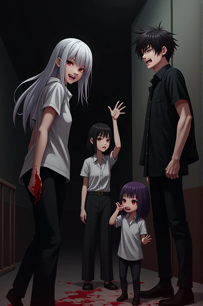 Movie action poses, 1boy, Height one hundred and eighty, Black Red Mix Hair, red eyes, dark background, Black shirt, Black trousers, Canine tooth, Black jacket, Dim lighting, Turning your back to the camera, Glancing from the right side, masterpiece, full body, 1 girl, medium breasts, Height one hundred and sixty four, White black mix hair, Canine tooth, red eyes, Raising one hand stained with blood, 1 girl, small breasts, Height one hundred and fifty two, Black Purple Mix Hair, red eyes, Canine tooth, A little blood stain on the cheek, 1 Small child, small breasts, Height ninety one, White purple mix hair, red eyes, Licking bloodstained hands, Canine tooth