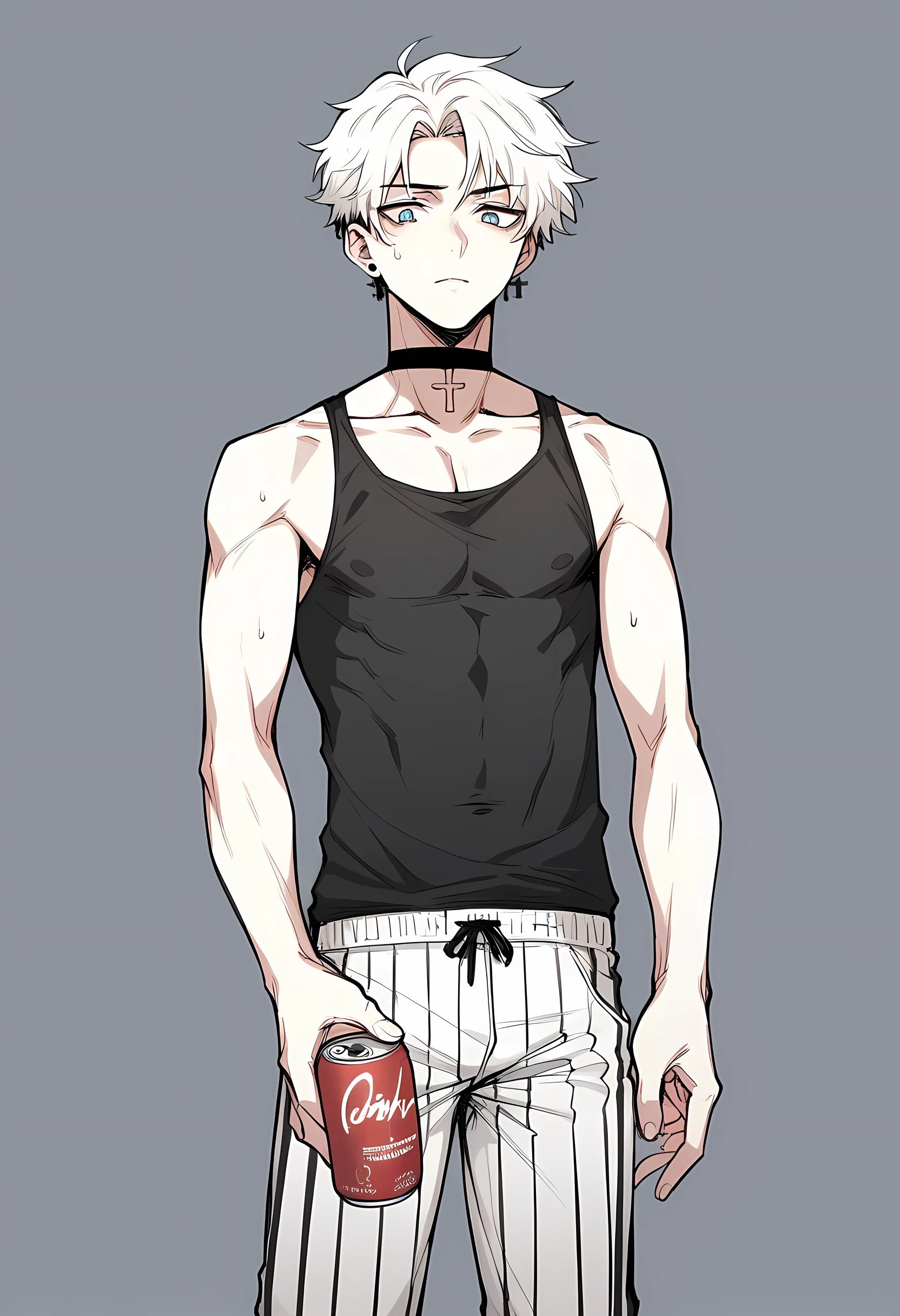 body hair: White with blue tips, can be straight or slightly wavy, offering a striking visual contrast.eyeballs: blue, with an intense and expressive look, reflecting a sense of depth and heroism.Clothing:chemise: striped, long branch, with black and white stripes. The shirt can have a fitted or casual design., reflecting a modern style.pants: black, tight fitting, for a simpler, more elegant look.tennis: black, with a modern and comfortable design.Accessories:aretes: black, cross-shaped, adding a stylized touch to the look.choker: black, tight fitting ao pescoço, providing sophisticated detail Kenshi Aozora has a modern and heroic style, with white hair with blue tips that contrast with her black and white striped clothes. the accessories, like black earrings and choker, completam o visual, adding a touch of sophistication and personal style to the character. Age 17 anime boy