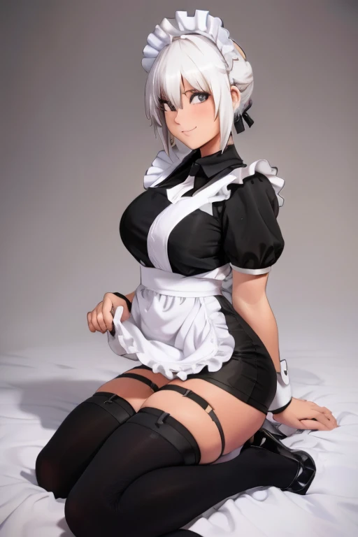 female, silver messy, short hair, silver eyes, cybernetic, (((1girl))), (((black short sleeved maid uniform))), (white apron), (white stockings), (black heels), cute and sexy, full body, large breasts, long legs, smiling