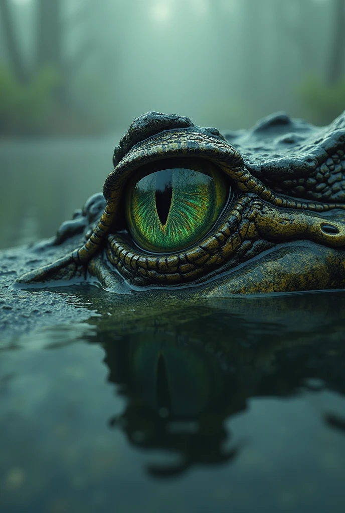 Alligator eye and a trident reflected in the eye 