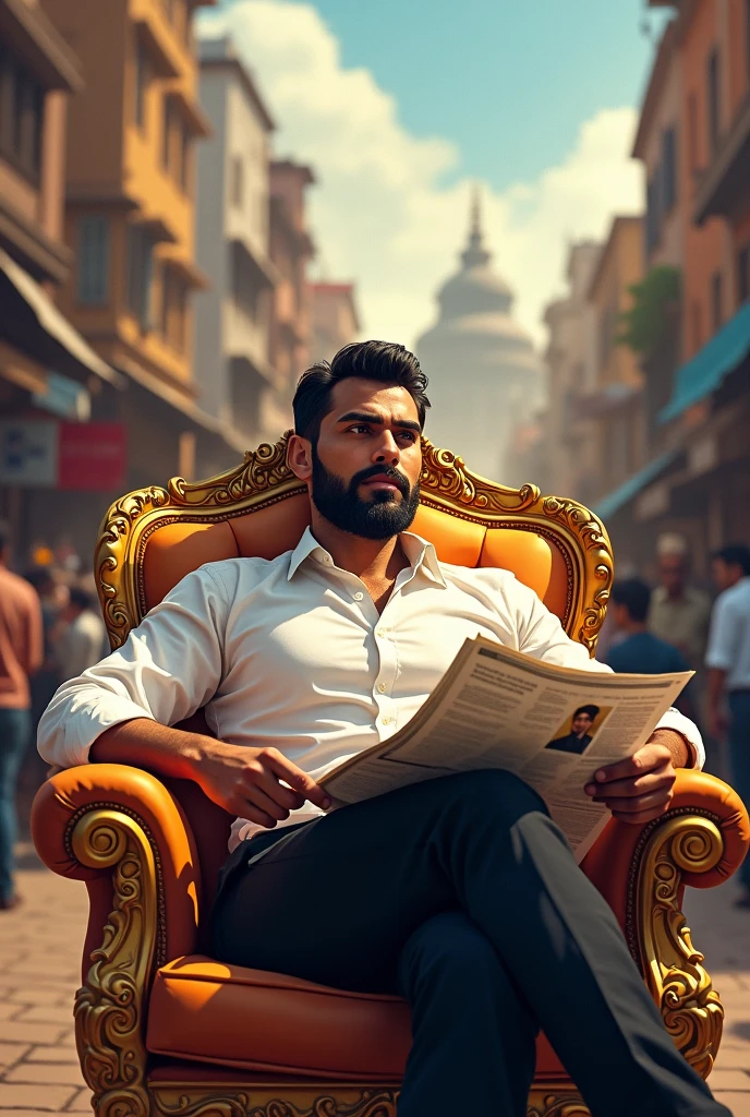 A man with dark hair and beard sitting in king golden chair wearing white shirt and black pant reading newspaper backround city of Pondicherry and crowded people chearing