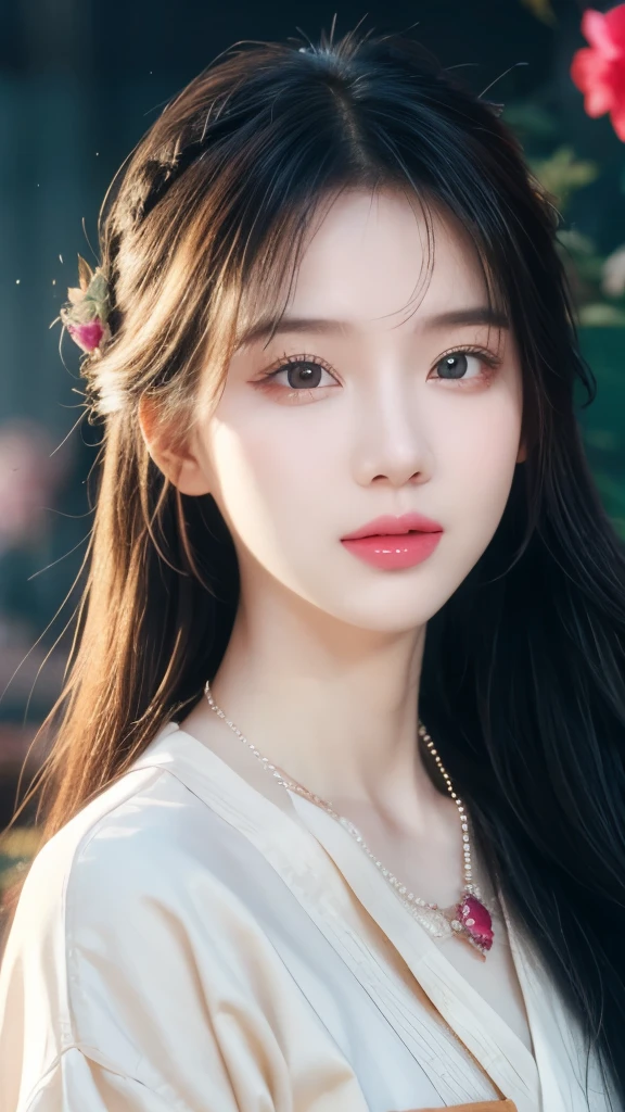 best quality, masterpiece, high resolution, wuxia1girl,blush,(Charming smile:0.8),Star-shaped pupil,china hanfu,Hair accessories,necklace, Jewelry,Pretty Face,more than_Body, Tyndall effect,lifelike, Dark Studio, Edge lighting, Two-color light,(High Detail Skin:1.2), 8K Ultra HD, SLR camera, Soft Light, high quality, Volumetric Lighting, frank, photo, high resolution, 4K, 8K, Bokeh,Surrounded by blooming roses