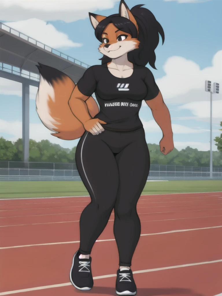Furry, fox, female, black shirt, black leggings, shoes, running track, friends, full body
