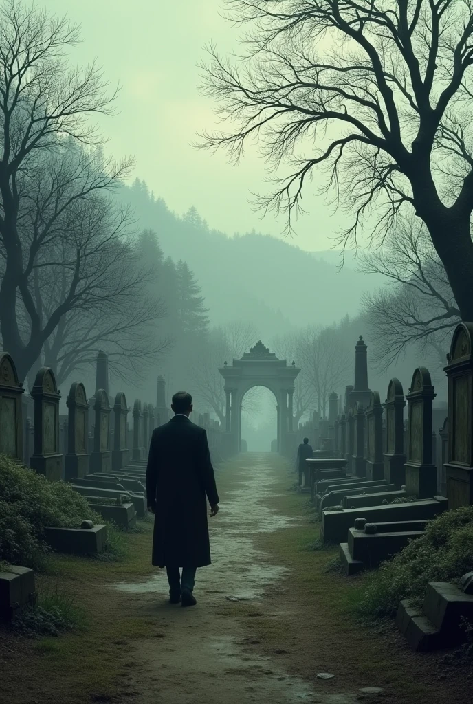 General plan of the cemetery, with the image of the man slowly walking away