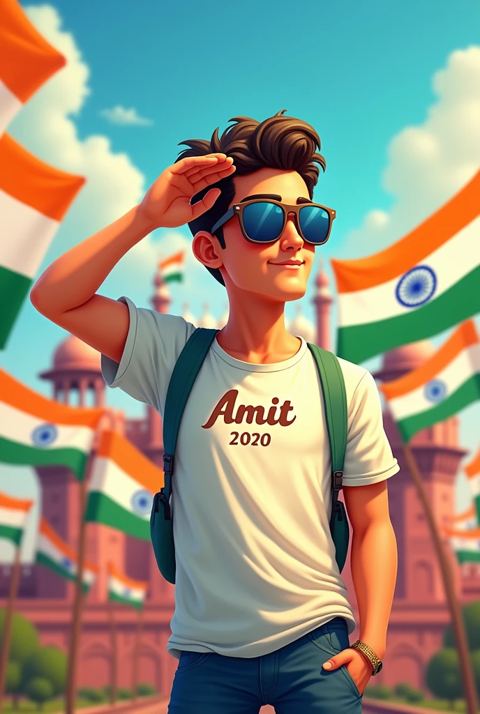Make a 19 year's handsome animated
Men ,character who's name is Amit" and he celebrate independence day in red fort and he salute to indian flag write the name Amit,, on his t shirt and he wear a a sun glass and salute to indian flag and many indian flag fly around back and size according to whatsApp dp
