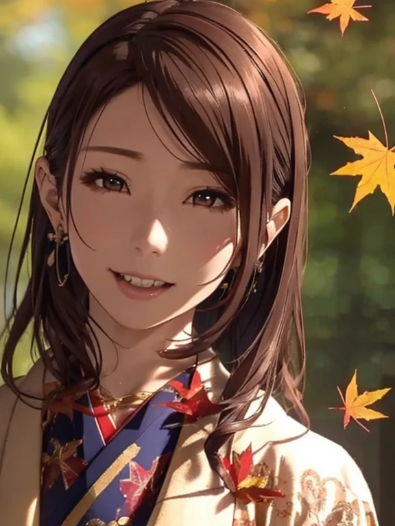 High resolution,8k,Highest quality,detailed,Semi-realistic anime,Anime 3D Style,Smooth anime CG,One Girl,A 20-year-old Japanese woman,slim,Modeled,Shiny brown hair, Tie your hair back,Medium Hair,detailedな顔,Beautiful and detailed,Glowing Skin,(Layering,Autumn and winter clothes),Earrings Beautiful,necklace,Winter in Japan,Dead Tree,Leaves fall,Hard Focus、Film Grain,Soft lighting,Wind,Looking at the audience,Laughter,