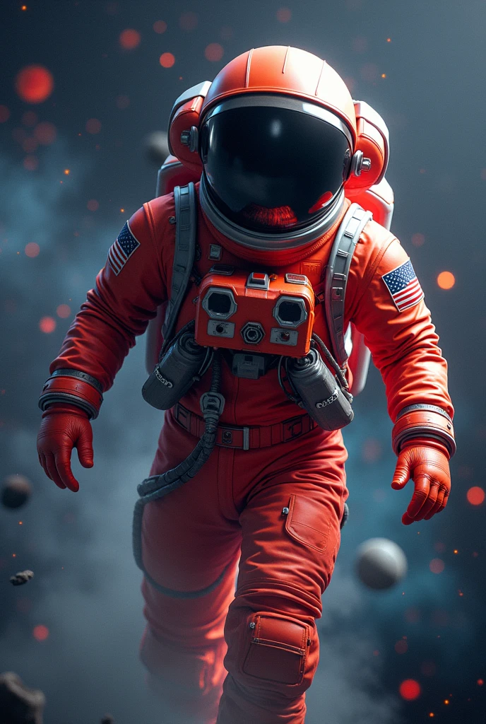 A  astronaut in a red suit exploring the stars 