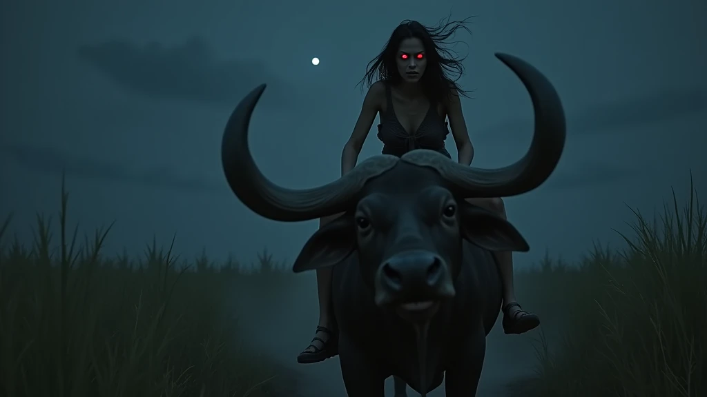 A scary Khmer woman with red eyes rides a buffalo on a field at night 8k
