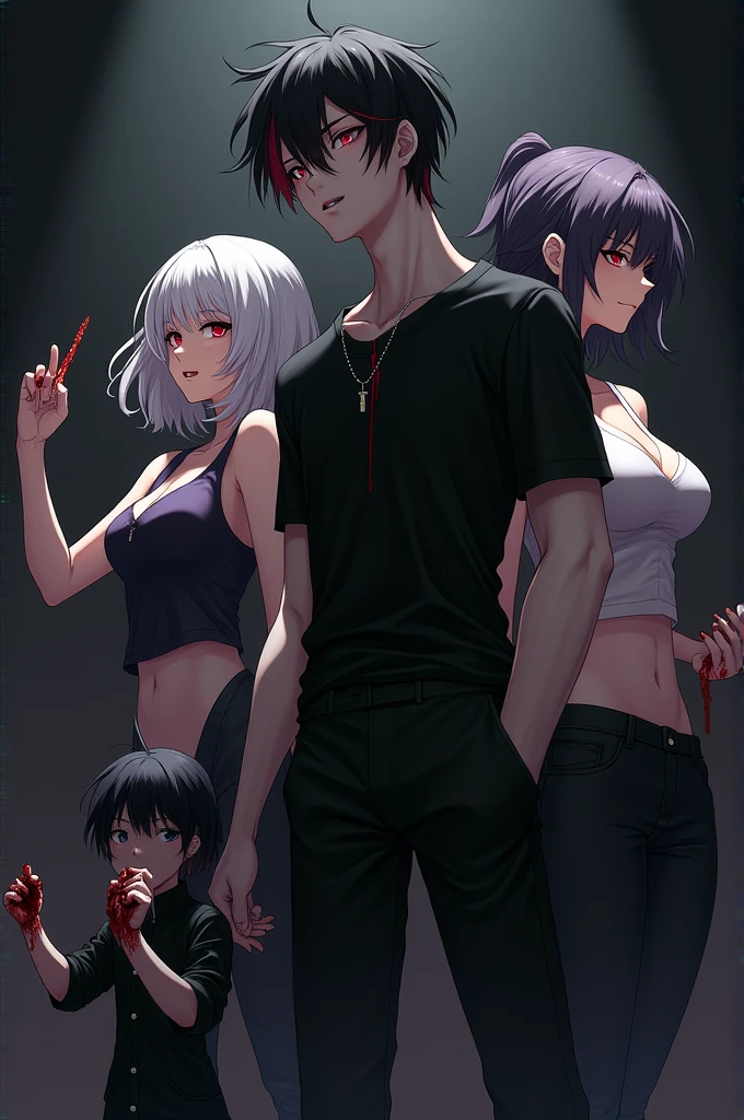 Movie action poses, 1boy, Height one hundred and eighty, Black Red Mix Hair, red eyes, dark background, Black shirt, Black trousers, Canine tooth, Black jacket, Dim lighting, Turning your back to the camera, Glancing from the right side, masterpiece, full body, 1 girl, medium breasts, Height one hundred and sixty four, White black mix hair, Canine tooth, red eyes, Raising one hand stained with blood, 1 girl, small breasts, Height one hundred and fifty two, Black Purple Mix Hair, red eyes, Canine tooth, A little blood stain on the cheek, 1 Small child, small breasts, Height ninety one, White purple mix hair, red eyes, Licking bloodstained hands, Canine tooth