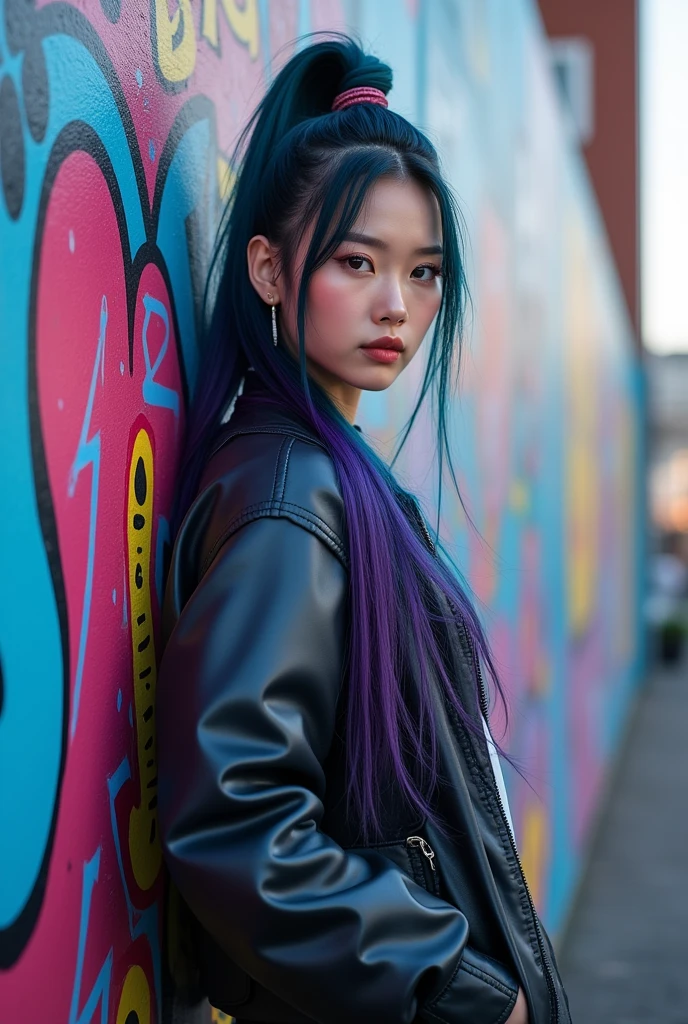 beautiful kpop idol girl wearing a hip-hop jacket outfit closed elegantly, her long blue and purple hair tied up, against the backdrop of a graffiti wall during the day