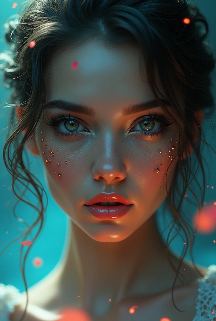 A beautiful woman with captivating eyes, intricate eye makeup, (best quality,4k,8k,highres,masterpiece:1.2),ultra-detailed,(realistic,photorealistic,photo-realistic:1.37), highly detailed facial features, mesmerizing gaze, elegant hairstyle, glowing skin, surreal atmosphere, dreamlike, ethereal, vibrant colors, dramatic lighting, cinematic, fantasy, digital art
