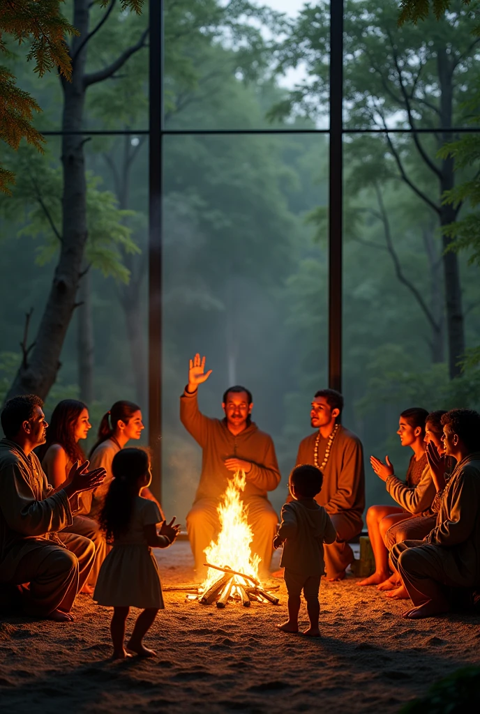 "A hyper-realistic image of a diverse group of men and women, both indigenous and non-indigenous, gathered around a campfire. Everyone is dressed in a mix of traditional and modern clothing., with hands raised in gratitude to the medicines of the forest. The backdrop is a large glass wall, which reveals the view of a dense, verdant forest outside. The firelight illuminates their faces, reflecting the deep reverence and spiritual connection with the natural world. The atmosphere is spiritual and harmonious, with the forest visible through the glass, emphasizing the sacredness of the ritual and children running around, few people