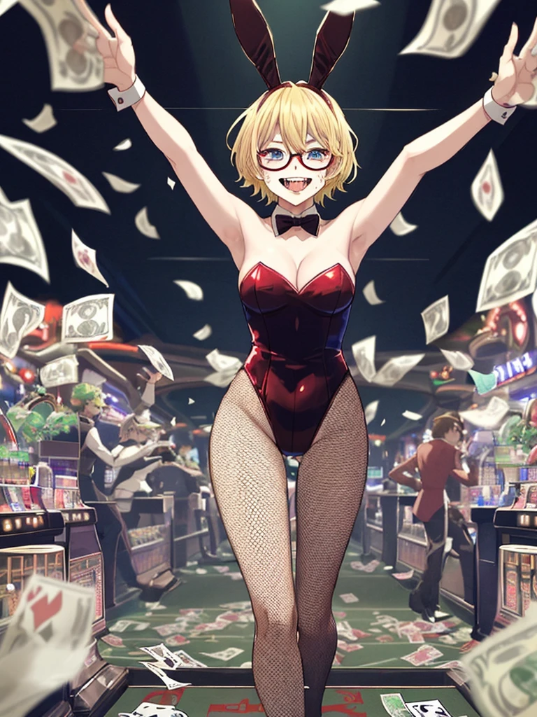 Win big at the casino、Laughing in high spirits、Bunny girl scattering stacks of bills{playboy bunny, fishnet tights, Blonde、Short hair、Blue Eyes、Glasses}、Banknotes are flying in the air