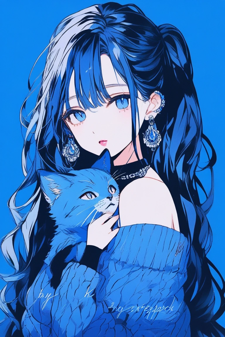  ((masterpiece,Highest quality)), 8k, anime , Realistic ,sketch, anime風のポートレート, 黒猫を連れたanimeの, Blue gradient background, Off-the-shoulder knit, Neon long twin tail hair, lip, Big earrings, Texture Trim, Canadian, Upper Body, (masterpiece,Highest quality)