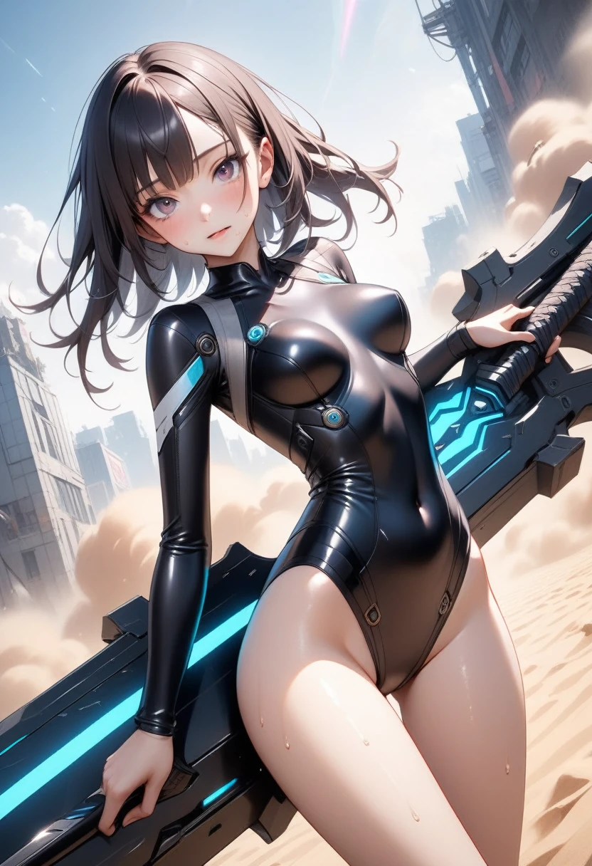 (((Hold a giant sword in both hands))), (Cyberpunk style), futuristic bodysuit, ((Shiny Costumes)), skindentation, skinny, solo, 1 woman, Masterpiece, highest quality, highest quality, 16K, incredibly absurd, highly detailed, 2.5D, ai-generated, delicate and dynamic, very delicate facial expressions, delicate eye depiction, erotic, only sexy woman, ((A cute and kind face)), healthy figure, ((25-year-old woman)), 160cm tall, medium firm swaying bust, Sweat,Embarrassed,sexy, ((thin thighs)), (camel toe:0.7), , (Erect nipples,:0.7), shiny and lustrous, facing straight at viewer, (((in heat))), ((Oily_skin)), ((Lots of sweat)), ((dutch angle)), ((erotic pose)), (((Very dynamic pose))), A ruined cityscape of the future, ((Riding on a giant weapon)), In the sandstorm,
