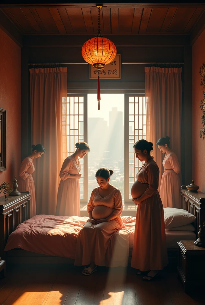 Sense of lens,Ancient,Chinese ancient style house,Main house master bedroom,Pregnant woman lying on bed,Surrounded by several busy midwives,Detailed description of interior decoration,Movie quality,Movie storyboard,8k,Ultra-clear,Hyperrealism