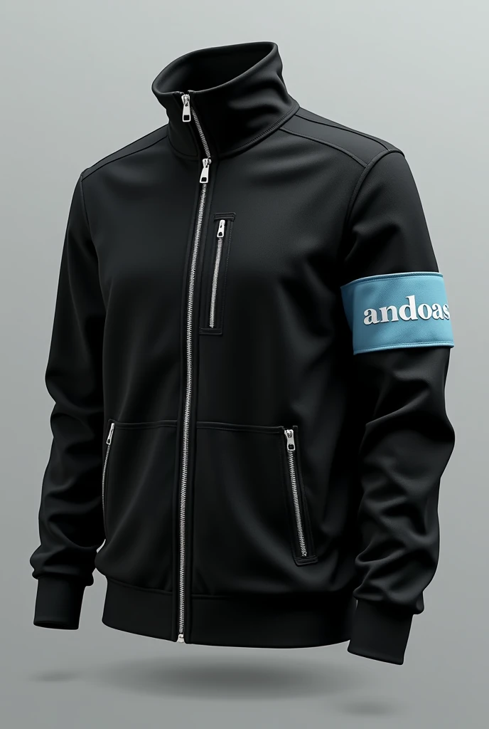 Create a black zippered sweater, white and light blue that says andoas on a sleeve, head on, not very elaborate design