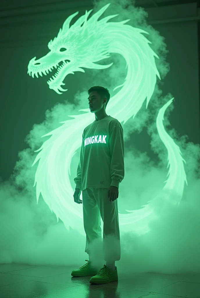 a handsome Indonesian man stands on thick liquid smoke that forms a flying dragon emitting green light. the luminous body has a calm and dignified aura. standing position with feet as if about to step, both hands held a samurai full of light. wear nike air force 1 green shoes.displays "MINGKAK" on his clothes. clean elegant background clear lighting results 3D HD photo results.crystal clear graphy.bold capital and glowing font