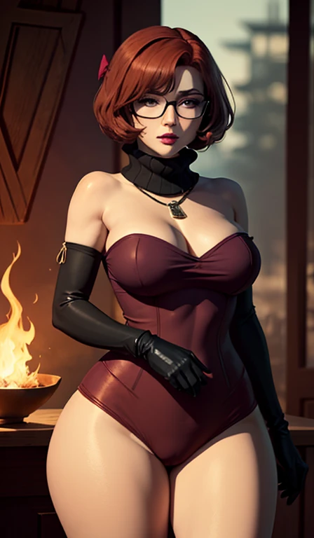 CARTOON, Velma Dinkley, hair over one eye,russet hair,Waist slender,very long hair, big hair, tall woman, toned, turned body,make-up,lipstick,ombre,greeneyes,thicc thighs,lips vermelhos,lips,curvilinear,thicc thighs grossas,one eye covered,elbow gloves,purple gloves,ful dressed,bared shoulders,neckleace,totally naked,jewelly,aretes,pantyhose,pantyhose,offcial art,extremely detailed CG unity 8k wallpaper,Lighting perfeita,Farbeido,Lighting_front-facing_Ablaze,pele Ablaze,(Masterpiece artwork:1.0),(better_品質:1.0),ultra-high resolution,4K,ultra detali,fot,8k,HDR,high resolution, (absurdres:1.2), Kodak portra 400, film grain, nblurry background, (bokeh:1.2), Lens flare, (vibrant_Farbe:1.2), fot profissional, (beautiful_face:1.5),