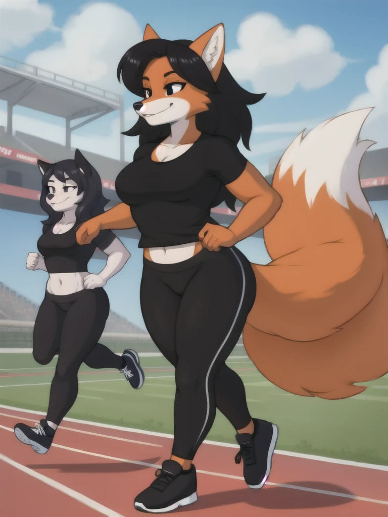 Furry, fox, female, black shirt, black leggings, shoes, running track, friends, full body