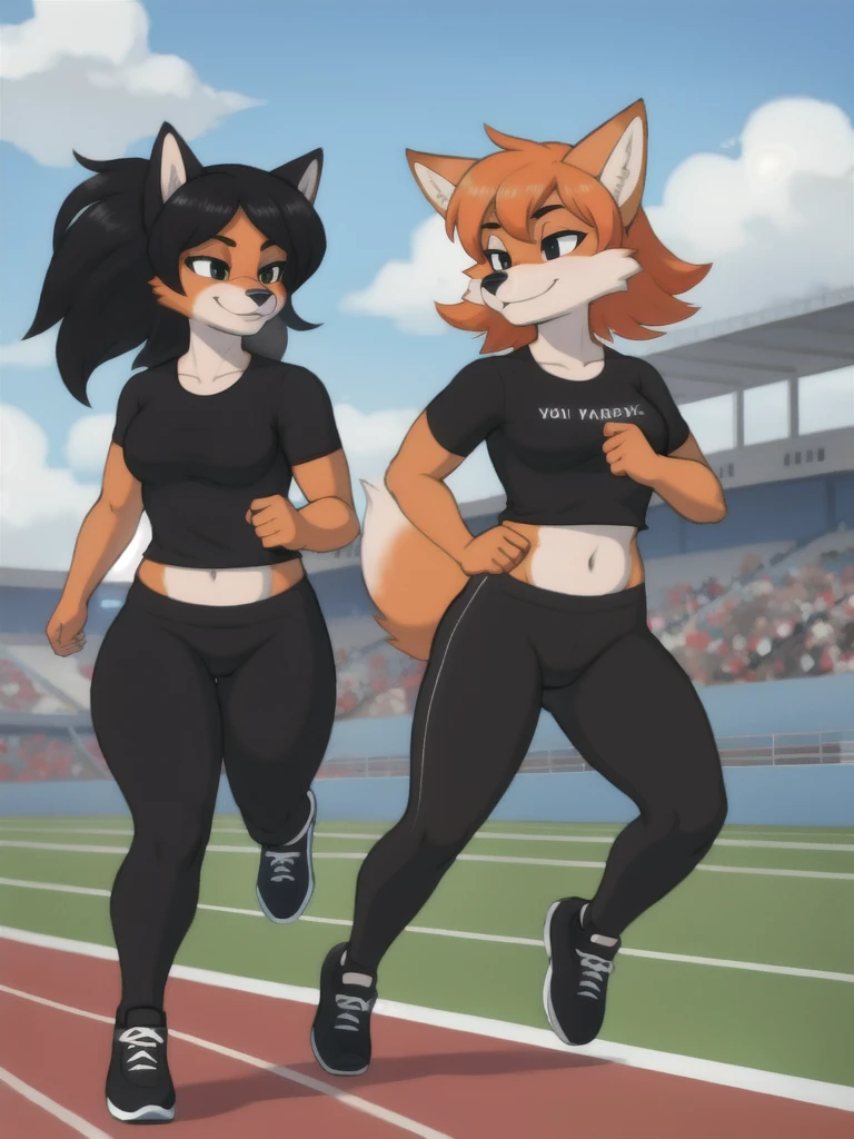 Furry, fox, female, black shirt, black leggings, shoes, running track, friends, full body