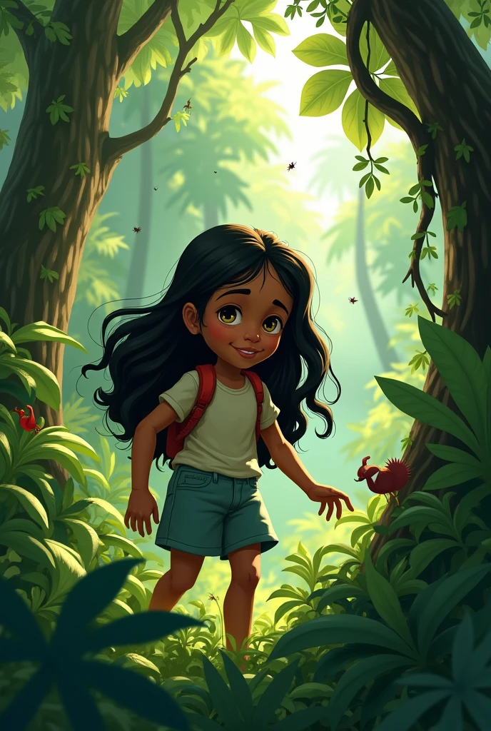 Create the image of a old girl with long wavy black hair, Dark skin and honey-colored eyes, thin, of Cuban origin in the middle of a forest