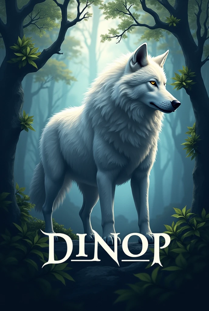 a logo that has the name DINOP that has a white wolf, a light forest and have an air of darkness